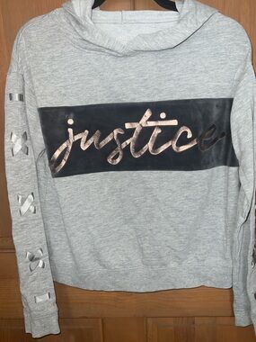 Justice Gray Hoodie with Rose Gold Logo and Silver Sleeve Crisscross Ribbon